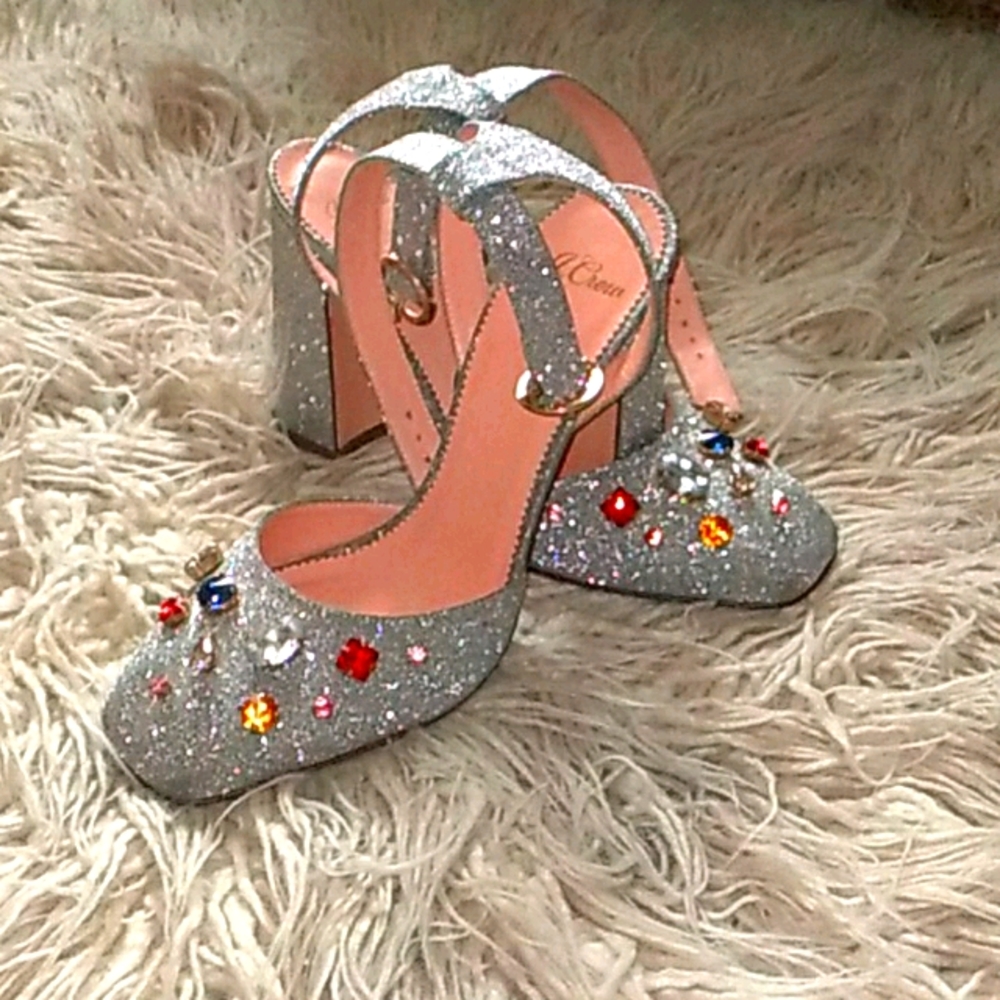 Silver J. Crew maryjane retro style heels